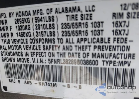 2009 Honda Odyssey Lx from USA, damaged, VIN 5FNRL38289B038600